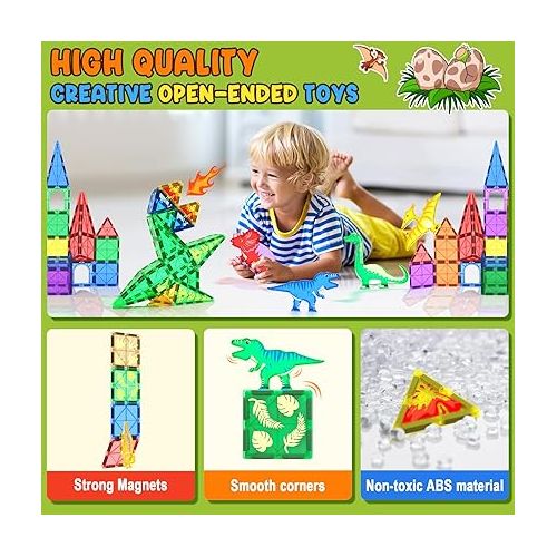  Dinosaur Toys Magnetic Tiles - Magnet Building Blocks for Toddler Kids Toys STEM Sensory Outdoor Toys for 3+ Year Old Boys and Girls, Dinosaur World Creative Games Kids Toys