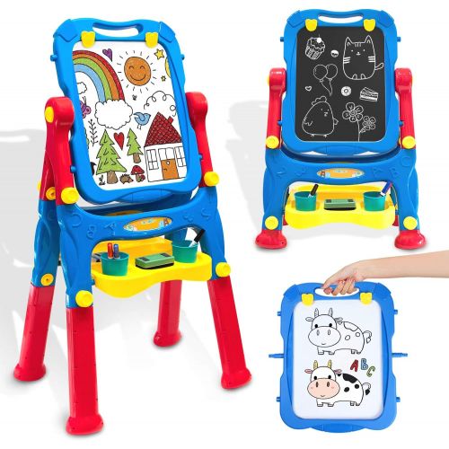  [아마존베스트]Coodoo Kids Easel Toddler Toys Dry Erase Board and Chalkboard Double Sides Height Adjustable Drawing Board with Extra Accessories for 3-5 Year Old Boys and Girls