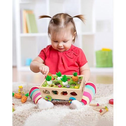  Montessori Fine Motor Toys for Baby Toddler, Wooden Shape Sorter Carrot Harvest Game, Preschool Learning Educational Gift Toy for 3 4 5 Year Old