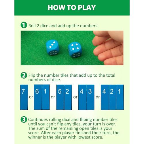  Coogam Shut The Box Dice Game Wooden Board Math Number Game Family Pub Bar 1-4 Players with 10 Colored Dice for Adults Kids 3 4 5