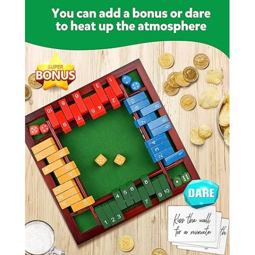  Coogam Shut The Box Dice Game Wooden Board Math Number Game Family Pub Bar 1-4 Players with 10 Colored Dice for Adults Kids 3 4 5