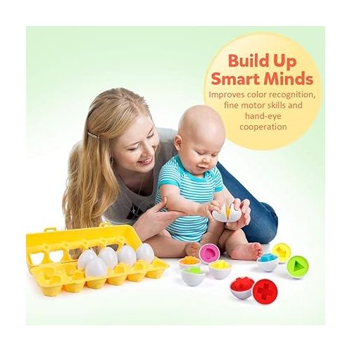  Coogam Matching Eggs 12 pcs Set Color & Shape Recoginition Sorter Puzzle for Easter Travel Bingo Game Early Learning Educational Fine Motor Skill Montessori Gift for Year Old Kids