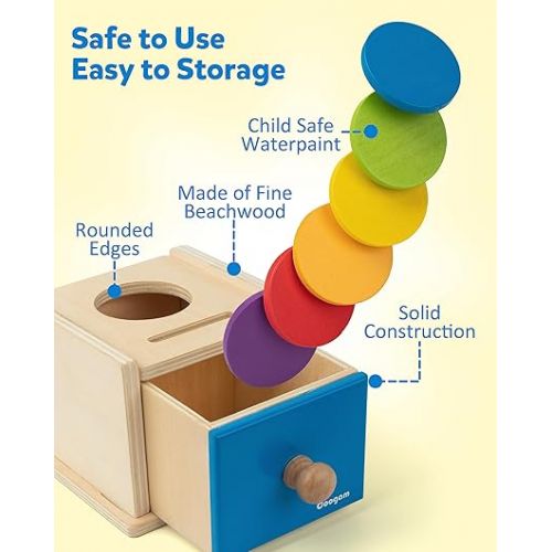  Coogam Wooden Montessori Coin Box Color Shape Sorting Matching Baby Toys, 2-in-1 Drop Box Object Permanent Box, Toddler Educational Learning Toy Gift for 1 2 3 Years Old