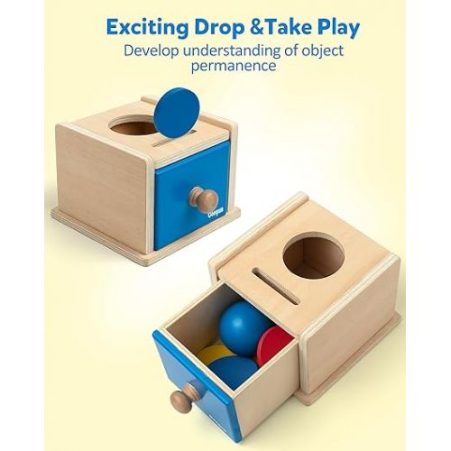  Coogam Wooden Montessori Coin Box Color Shape Sorting Matching Baby Toys, 2-in-1 Drop Box Object Permanent Box, Toddler Educational Learning Toy Gift for 1 2 3 Years Old