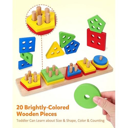  Coogam Wooden Sorting Stacking Montessori Toys, Shape Color Recognition Blocks Matching Puzzle Stacker Geometric Board Early Educational Puzzles for Years Old Boys and Girls