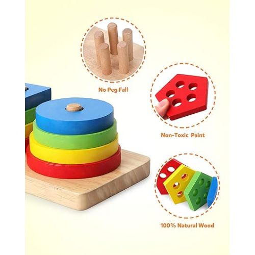  Coogam Wooden Sorting Stacking Montessori Toys, Shape Color Recognition Blocks Matching Puzzle Stacker Geometric Board Early Educational Puzzles for Years Old Boys and Girls