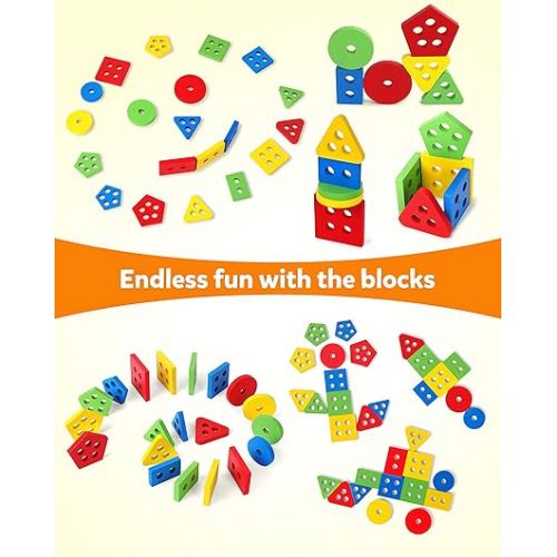  Coogam Wooden Sorting Stacking Montessori Toys, Shape Color Recognition Blocks Matching Puzzle Stacker Geometric Board Early Educational Puzzles for Years Old Boys and Girls