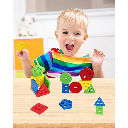  Coogam Wooden Sorting Stacking Montessori Toys, Shape Color Recognition Blocks Matching Puzzle Stacker Geometric Board Early Educational Puzzles for Years Old Boys and Girls