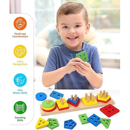  Coogam Wooden Sorting Stacking Montessori Toys, Shape Color Recognition Blocks Matching Puzzle Stacker Geometric Board Early Educational Puzzles for Years Old Boys and Girls