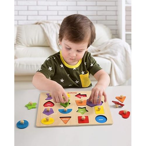  Coogam Montessori Toy Wooden Shape Peg Puzzle, Fine Motor Color Matching Sorting Board, Early Learning Educational Activity Toy Gift for Preschool Toddler Baby 3 4 5 Year Old