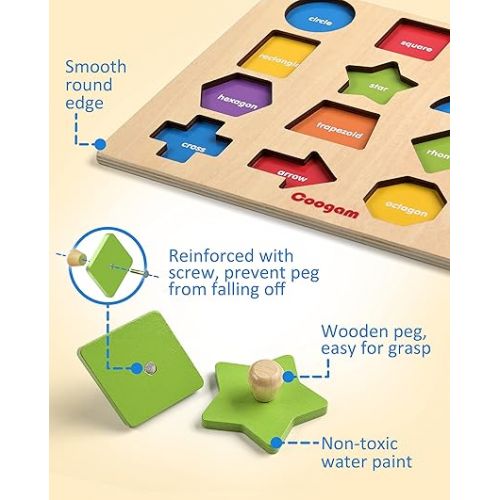  Coogam Montessori Toy Wooden Shape Peg Puzzle, Fine Motor Color Matching Sorting Board, Early Learning Educational Activity Toy Gift for Preschool Toddler Baby 3 4 5 Year Old