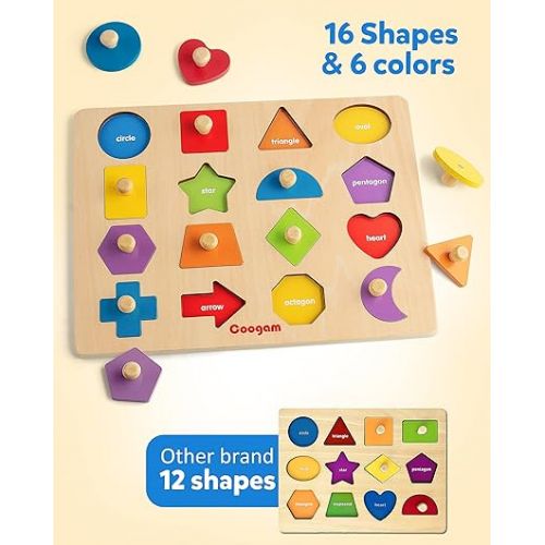  Coogam Montessori Toy Wooden Shape Peg Puzzle, Fine Motor Color Matching Sorting Board, Early Learning Educational Activity Toy Gift for Preschool Toddler Baby 3 4 5 Year Old