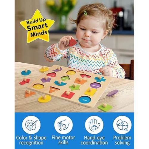  Coogam Montessori Toy Wooden Shape Peg Puzzle, Fine Motor Color Matching Sorting Board, Early Learning Educational Activity Toy Gift for Preschool Toddler Baby 3 4 5 Year Old