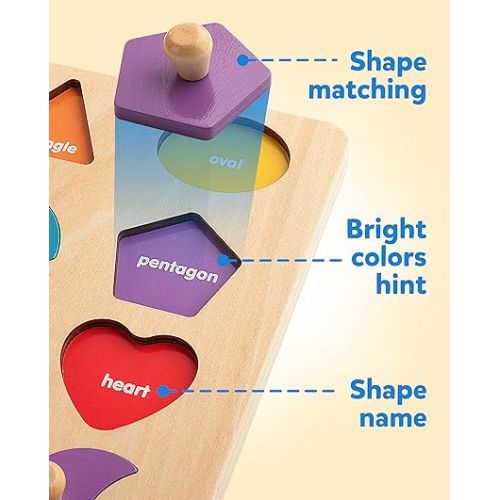  Coogam Montessori Toy Wooden Shape Peg Puzzle, Fine Motor Color Matching Sorting Board, Early Learning Educational Activity Toy Gift for Preschool Toddler Baby 3 4 5 Year Old