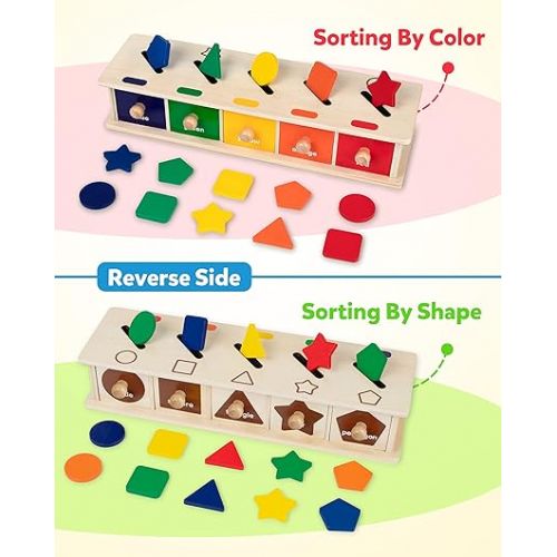  Coogam Montessori Toys Wooden Color Shape Sorting Box Game Geometric Matching Blocks Early Learning Educational Toy Gift for 3 4 5 Year-Old Baby Toddlers