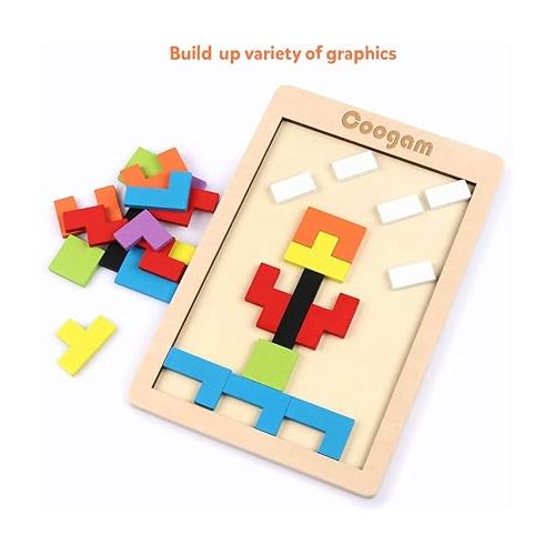  Coogam Wooden Blocks Puzzle Brain Teasers Toy Tangram Jigsaw Intelligence Colorful 3D Russian Blocks Game STEM Montessori Educational Gift for Kids (40 Pcs)