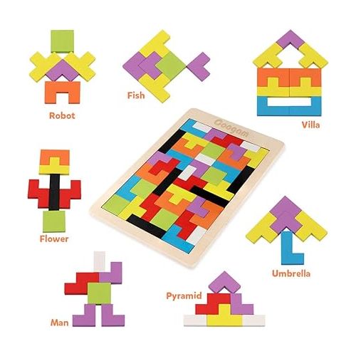  Coogam Wooden Blocks Puzzle Brain Teasers Toy Tangram Jigsaw Intelligence Colorful 3D Russian Blocks Game STEM Montessori Educational Gift for Kids (40 Pcs)