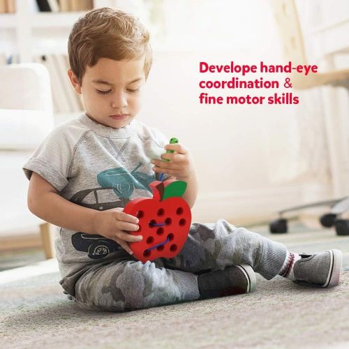  [아마존베스트]Coogam Wooden Lacing Apple Threading Toys Wood Block Puzzle Travel Game Early Learning Fine Motor Skills Airplane Car Educational Gift for 1 2 3 Years Old Toddlers Baby Kids