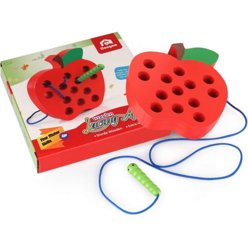  [아마존베스트]Coogam Wooden Lacing Apple Threading Toys Wood Block Puzzle Travel Game Early Learning Fine Motor Skills Airplane Car Educational Gift for 1 2 3 Years Old Toddlers Baby Kids