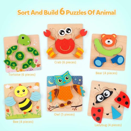  [아마존베스트]Coogam Wooden Jigsaw Puzzle Set, 6 Pack Animal Shape Color Montessori Toy, Fine Motor Skill Early Learning Preschool Educational Gift Game for 2 3 4 5 Years Old Kid Toddler