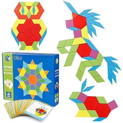  [아마존베스트]Coogam 130 Pcs Wooden Pattern Blocks Set Geometric Manipulative Shape Puzzle  Graphical Early Educational Montessori Tangram Toys Brain Teasers STEM Gift for Kids with 24 Pcs Desi