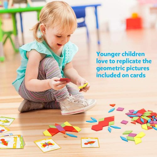  [아마존베스트]Coogam 130 Pcs Wooden Pattern Blocks Set Geometric Manipulative Shape Puzzle  Graphical Early Educational Montessori Tangram Toys Brain Teasers STEM Gift for Kids with 24 Pcs Desi