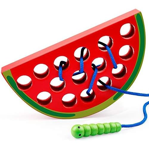  [아마존베스트]Coogam Wooden Lacing Watermelon Threading Toys Wood Block Puzzle Travel Game Early Learning Fine Motor Skills Montessori Educational Gift for 1 2 3 Years Old Toddlers Baby Kids