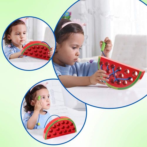  [아마존베스트]Coogam Wooden Lacing Watermelon Threading Toys Wood Block Puzzle Travel Game Early Learning Fine Motor Skills Montessori Educational Gift for 1 2 3 Years Old Toddlers Baby Kids