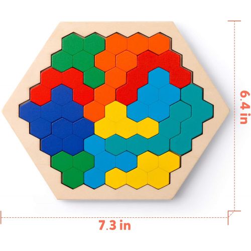  [아마존베스트]Coogam Wooden Hexagon Puzzle for Kid Adults - Shape Block Tangram Brain Teaser Toy Geometry Logic IQ Game STEM Montessori Educational Gift for All Ages Challenge