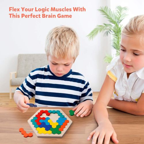  [아마존베스트]Coogam Wooden Hexagon Puzzle for Kid Adults - Shape Block Tangram Brain Teaser Toy Geometry Logic IQ Game STEM Montessori Educational Gift for All Ages Challenge