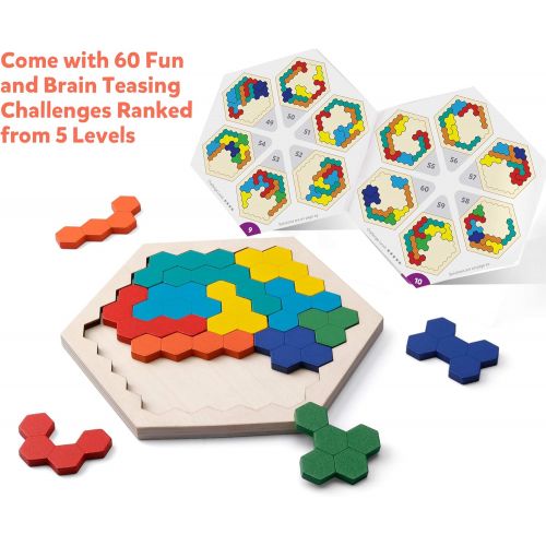  [아마존베스트]Coogam Wooden Hexagon Puzzle for Kid Adults - Shape Block Tangram Brain Teaser Toy Geometry Logic IQ Game STEM Montessori Educational Gift for All Ages Challenge