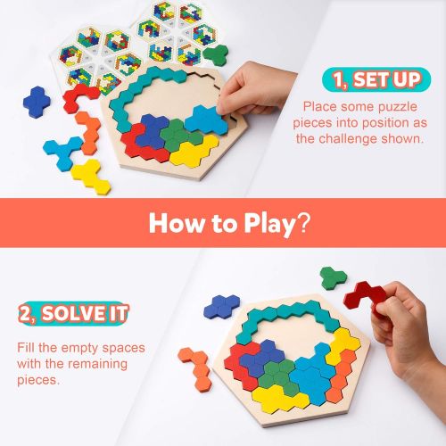  [아마존베스트]Coogam Wooden Hexagon Puzzle for Kid Adults - Shape Block Tangram Brain Teaser Toy Geometry Logic IQ Game STEM Montessori Educational Gift for All Ages Challenge