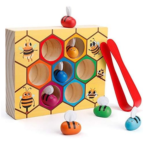  [아마존베스트]Coogam Toddler Fine Motor Skill Toy, Clamp Bee to Hive Matching Game, Montessori Wooden Color Sorting Puzzle, Early Learning Preschool Educational Gift Toy for 2 3 4 Years Old Kids