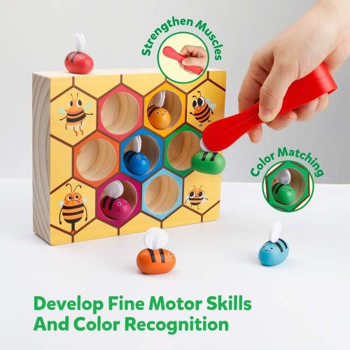  [아마존베스트]Coogam Toddler Fine Motor Skill Toy, Clamp Bee to Hive Matching Game, Montessori Wooden Color Sorting Puzzle, Early Learning Preschool Educational Gift Toy for 2 3 4 Years Old Kids