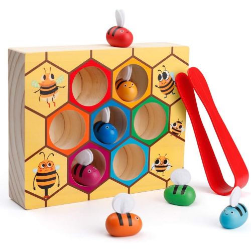  [아마존베스트]Coogam Toddler Fine Motor Skill Toy, Clamp Bee to Hive Matching Game, Montessori Wooden Color Sorting Puzzle, Early Learning Preschool Educational Gift Toy for 2 3 4 Years Old Kids