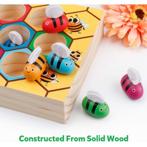  [아마존베스트]Coogam Toddler Fine Motor Skill Toy, Clamp Bee to Hive Matching Game, Montessori Wooden Color Sorting Puzzle, Early Learning Preschool Educational Gift Toy for 2 3 4 Years Old Kids