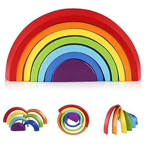  [아마존베스트]Coogam Wooden Rainbow Stacker Nesting Puzzle Blocks - Tunnel Stacking Game Building Creative Color Shape Matching Jigsaw Learning Toy Set Board Early Development Gift for Kids Boy
