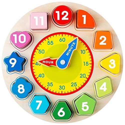  [아마존베스트]Coogam Wooden Shape Color Sorting Clock  Teaching Time Number Blocks Puzzle Stacking Sorter Jigsaw Montessori Early Learning Educational Toy Gift for 1 2 3 Year Old Toddler Baby K