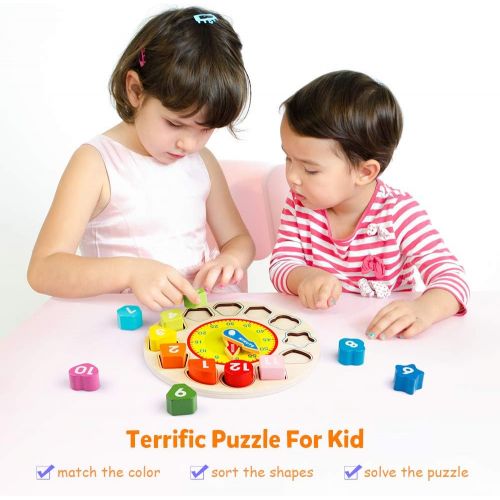  [아마존베스트]Coogam Wooden Shape Color Sorting Clock  Teaching Time Number Blocks Puzzle Stacking Sorter Jigsaw Montessori Early Learning Educational Toy Gift for 1 2 3 Year Old Toddler Baby K