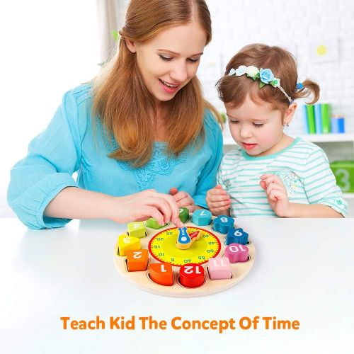  [아마존베스트]Coogam Wooden Shape Color Sorting Clock  Teaching Time Number Blocks Puzzle Stacking Sorter Jigsaw Montessori Early Learning Educational Toy Gift for 1 2 3 Year Old Toddler Baby K