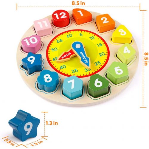  [아마존베스트]Coogam Wooden Shape Color Sorting Clock  Teaching Time Number Blocks Puzzle Stacking Sorter Jigsaw Montessori Early Learning Educational Toy Gift for 1 2 3 Year Old Toddler Baby K