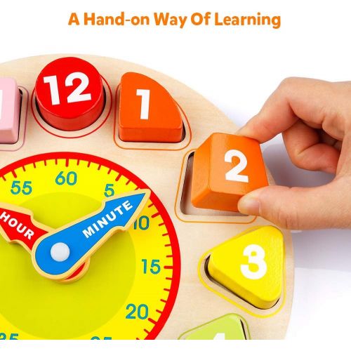  [아마존베스트]Coogam Wooden Shape Color Sorting Clock  Teaching Time Number Blocks Puzzle Stacking Sorter Jigsaw Montessori Early Learning Educational Toy Gift for 1 2 3 Year Old Toddler Baby K
