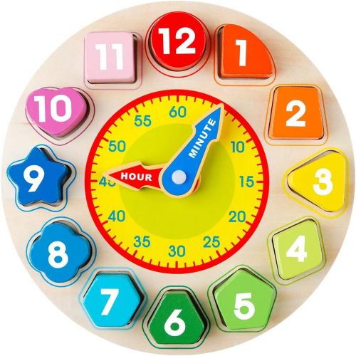  [아마존베스트]Coogam Wooden Shape Color Sorting Clock  Teaching Time Number Blocks Puzzle Stacking Sorter Jigsaw Montessori Early Learning Educational Toy Gift for 1 2 3 Year Old Toddler Baby K