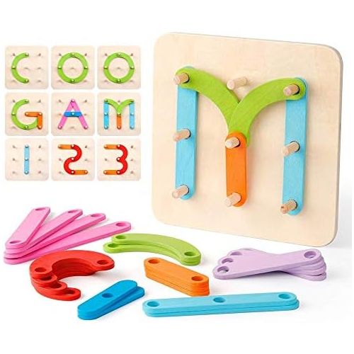  [아마존베스트]Coogam Wooden Letter Number Construction Puzzle Educational Stacking Blocks Toy Set Shape Color Sorter Pegboard Activity Board Sort Game for Kids Toddler Gift Preschool Learning ST