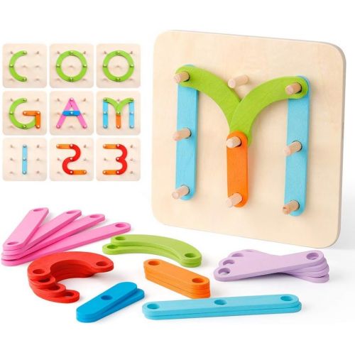  [아마존베스트]Coogam Wooden Letter Number Construction Puzzle Educational Stacking Blocks Toy Set Shape Color Sorter Pegboard Activity Board Sort Game for Kids Toddler Gift Preschool Learning ST