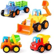 [아마존베스트]Coogam 4 Pack Friction Powered Cars Construction Vehicles Toy Set Cartoon Push and Go Car Tractor, Bulldozer, Cement Mixer Truck, Dumper for Year Old Boy Girl Toddler Baby Kid Gift