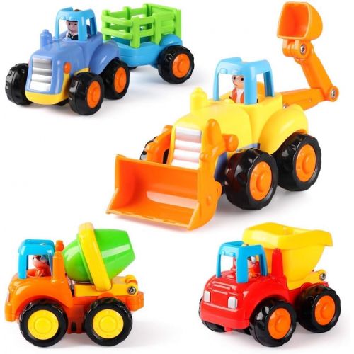 [아마존베스트]Coogam 4 Pack Friction Powered Cars Construction Vehicles Toy Set Cartoon Push and Go Car Tractor, Bulldozer, Cement Mixer Truck, Dumper for Year Old Boy Girl Toddler Baby Kid Gift