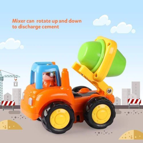  [아마존베스트]Coogam 4 Pack Friction Powered Cars Construction Vehicles Toy Set Cartoon Push and Go Car Tractor, Bulldozer, Cement Mixer Truck, Dumper for Year Old Boy Girl Toddler Baby Kid Gift