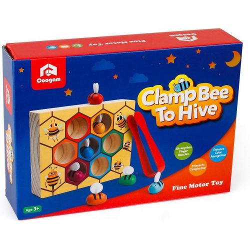  Coogam Toddler Fine Motor Skill Toy, Clamp Bee to Hive Matching Game, Montessori Wooden Color Sorting Puzzle, Early Learning Preschool Educational Gift Toy for 2 3 4 Years Old Kids