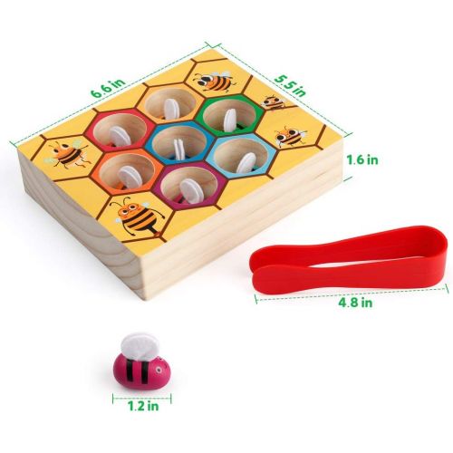  Coogam Toddler Fine Motor Skill Toy, Clamp Bee to Hive Matching Game, Montessori Wooden Color Sorting Puzzle, Early Learning Preschool Educational Gift Toy for 2 3 4 Years Old Kids